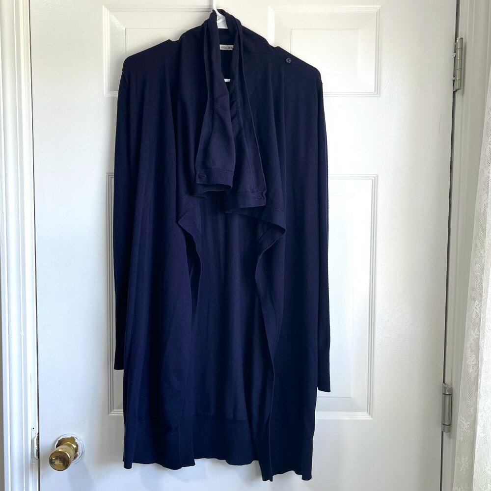 Zara Long Knit Sweater Waterfall Open Front Navy Blue Cardigan Size Medium